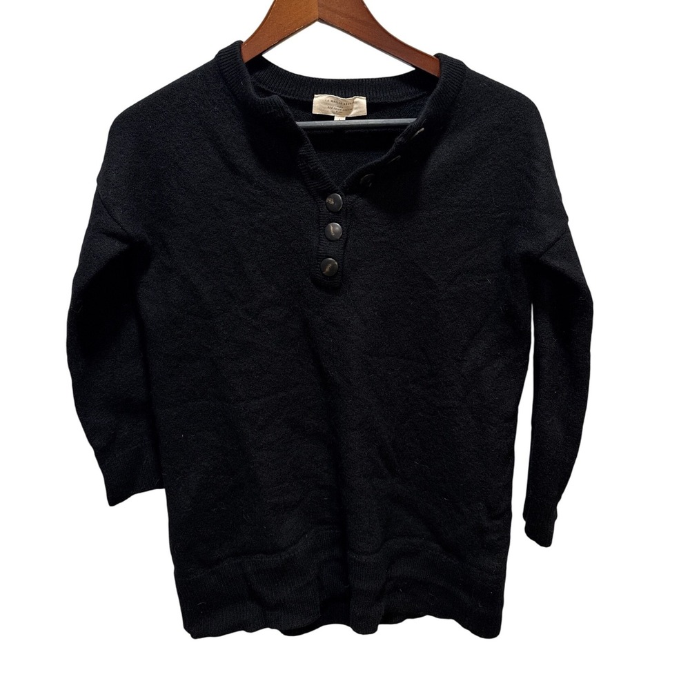 SEZANE Black Merino Wool Henley Button Neck Jumper Sweater Top Size L